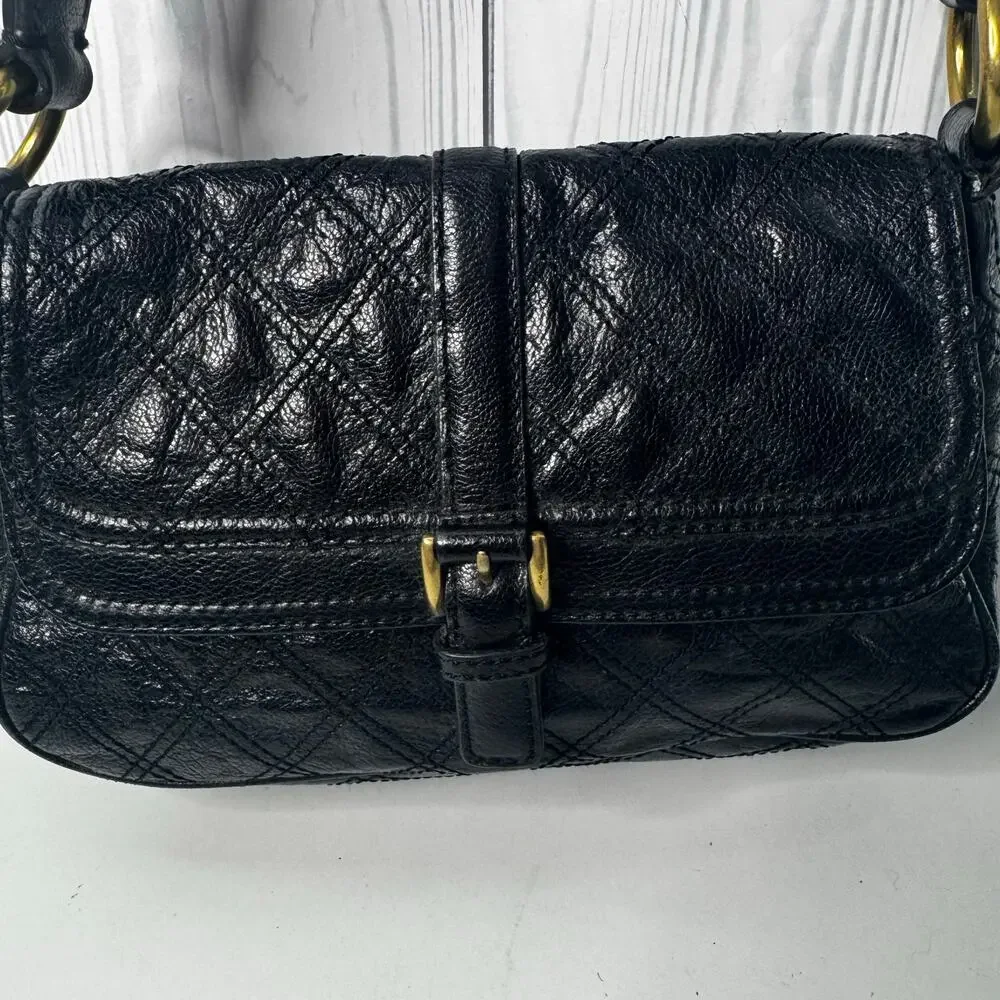Antonio Melani Black Gold Quilted Leather Purse Handbag Shoulder Bag Y2K